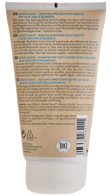 SANTE Naturkosmetik Family Après-shampoing quotidien extra sensible bio à l'aloe vera et au bisabolol, naturel, sans silicone, cheveux sains, végétaliens, 150 ml