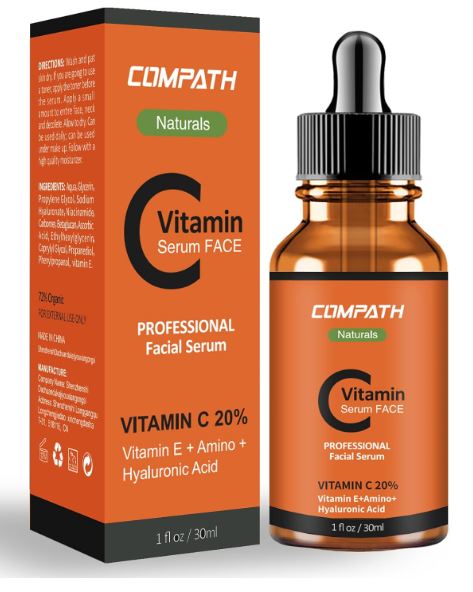 COMPATH - Sérum visage à la vitamine C, avec acide hyaluronique, 20 % de vitamine C, vitamine E, acides aminés. Sérum naturel et biologique, restaure le collagène, anti-rides, raffermissant, anti-cernes, 30 ml