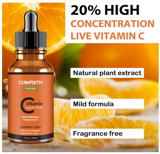 COMPATH - Sérum visage à la vitamine C, avec acide hyaluronique, 20 % de vitamine C, vitamine E, acides aminés. Sérum naturel et biologique, restaure le collagène, anti-rides, raffermissant, anti-cernes, 30 ml