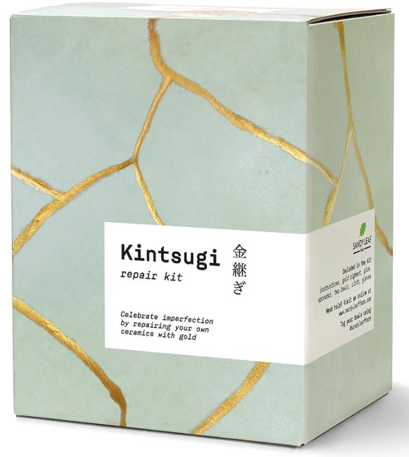 Sandy Leaf Farm Kintsugi Kit de réparation – Réparez vos propres céramiques avec de la poudre d'or – Comprend deux beaux bols d'entraînement