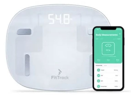 FitTrack Beebo Balance Connectée Familiale (Digitale) - Mesure l'IMC & Masse Graisseuse - Mode Femme Enceinte et Enfant - Balance de Salle de Bain Bluetooth en Verre - Application IOS et Android