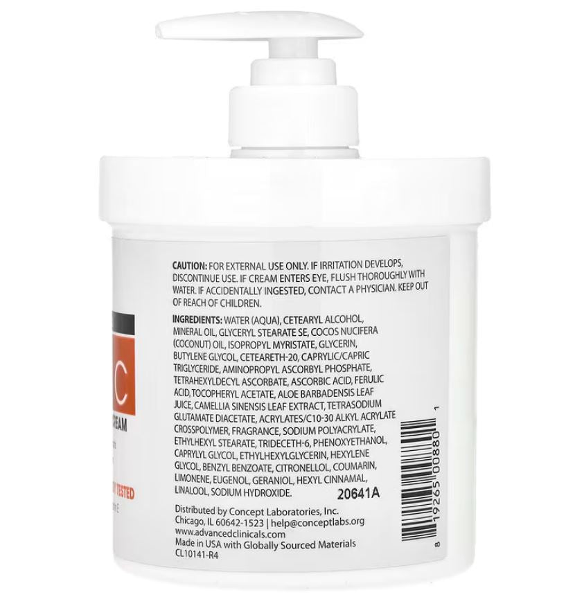 Advanced Clinicals, Vitamine C, Crème éclaircissante, Formule avancée, 454 g