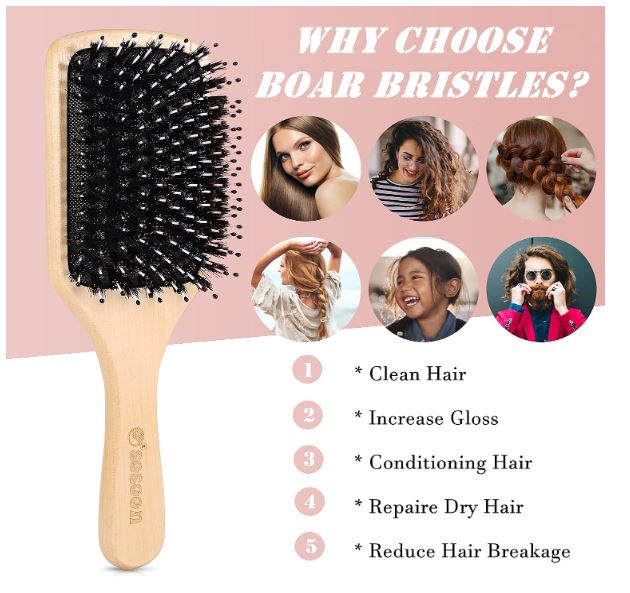 Sosoon Brosse à cheveux en poils de sanglier pour cheveux longs, courts, épais, fins, bouclés, raides, ondulés, secs - Pour hommes, femmes, enfants - Défait les nœuds - Boîte cadeau et peigne inclus