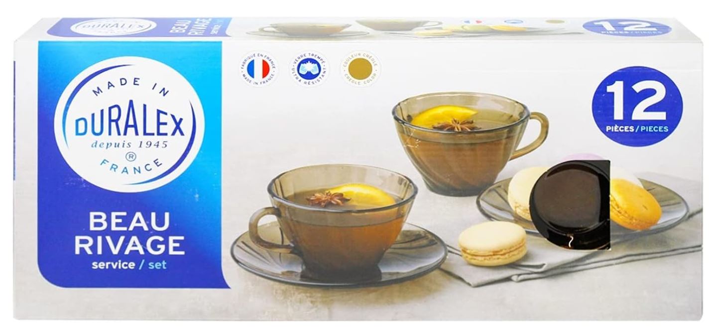 Duralex Beau Rivage Creole Lot de 12 pièces 180 ml – 6 tasses et 6 soucoupes, transparent, taille M