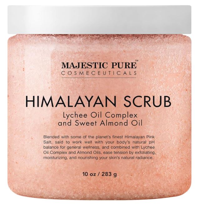 Majestic Pure Himalayan Salt Body Scrub with Lychee Essential Oil, All Natural Scrub to Exfoliate & Moisturize Skin, 12 oz