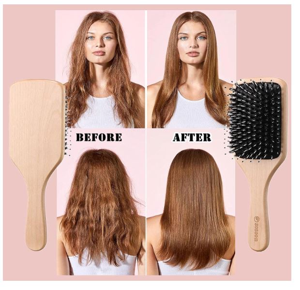 Sosoon Brosse à cheveux en poils de sanglier pour cheveux longs, courts, épais, fins, bouclés, raides, ondulés, secs - Pour hommes, femmes, enfants - Défait les nœuds - Boîte cadeau et peigne inclus