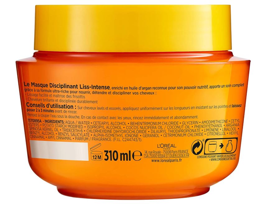 L’ORÉAL PARIS - Masque Disciplinant - Cheveux Difficiles à Lisser et Secs - Enrichi en Huile d'Argan - Elseve Liss-Intense - 300 ml