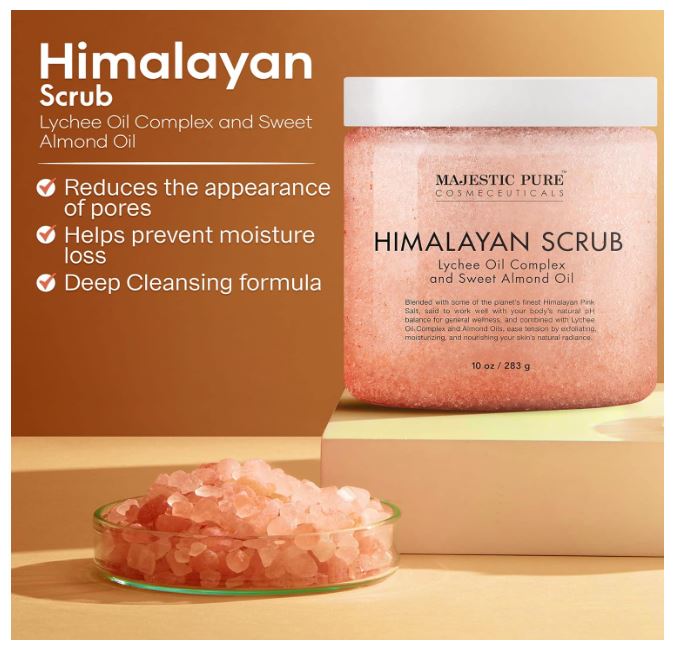 Majestic Pure Himalayan Salt Body Scrub with Lychee Essential Oil, All Natural Scrub to Exfoliate & Moisturize Skin, 12 oz