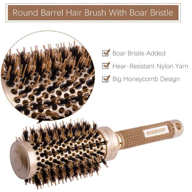 FIXBODY rond baril sanglier poils brosse avec Nano thermique céramique revêtement et ionique Tech pour cheveux brushing séchage, coiffage, redressant, ajouter volume & Shine (76mm baril 45mm, or)