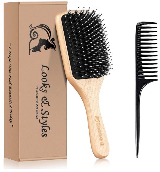 Sosoon Brosse à cheveux en poils de sanglier pour cheveux longs, courts, épais, fins, bouclés, raides, ondulés, secs - Pour hommes, femmes, enfants - Défait les nœuds - Boîte cadeau et peigne inclus