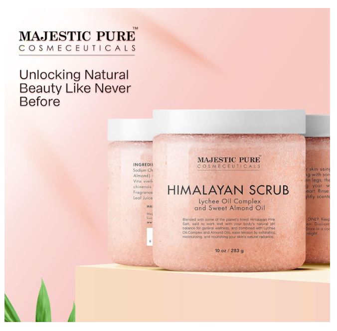 Majestic Pure Himalayan Salt Body Scrub with Lychee Essential Oil, All Natural Scrub to Exfoliate & Moisturize Skin, 12 oz