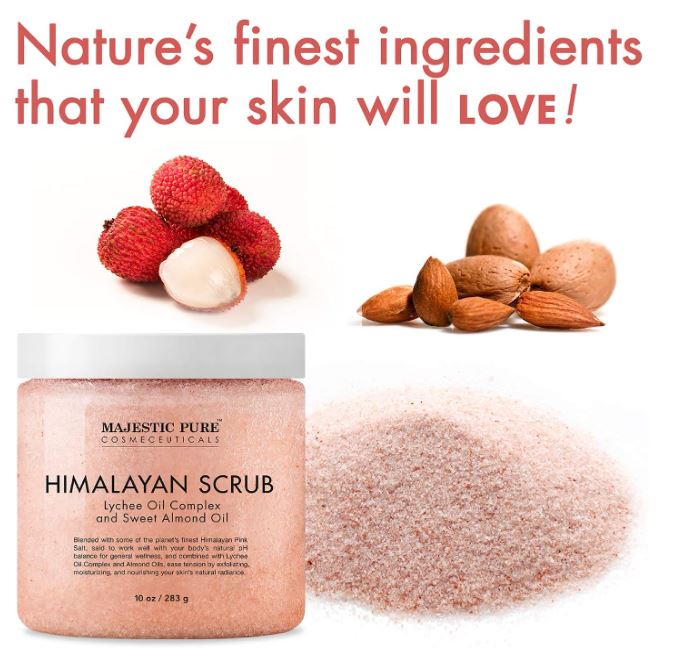 Majestic Pure Himalayan Salt Body Scrub with Lychee Essential Oil, All Natural Scrub to Exfoliate & Moisturize Skin, 12 oz