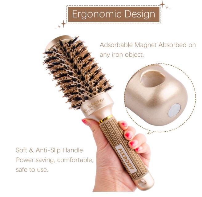 FIXBODY rond baril sanglier poils brosse avec Nano thermique céramique revêtement et ionique Tech pour cheveux brushing séchage, coiffage, redressant, ajouter volume & Shine (76mm baril 45mm, or)