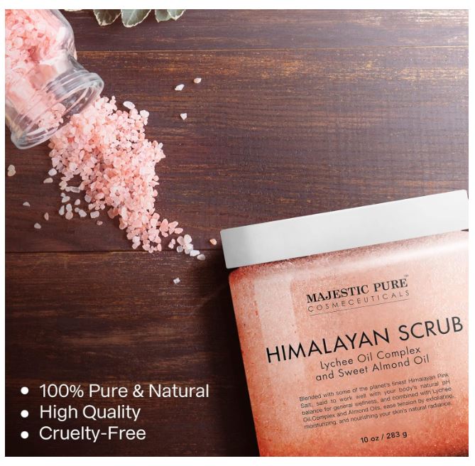 Majestic Pure Himalayan Salt Body Scrub with Lychee Essential Oil, All Natural Scrub to Exfoliate & Moisturize Skin, 12 oz