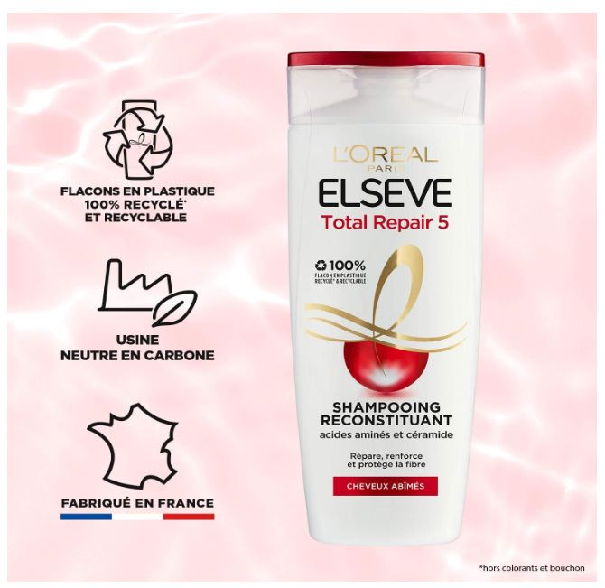 L'Oréal Paris Elseve Total Repair 5 Shampoing Reconstituant pour Cheveux Abîmés Enrichi en Acides Aminés/Céramide 1 Unité