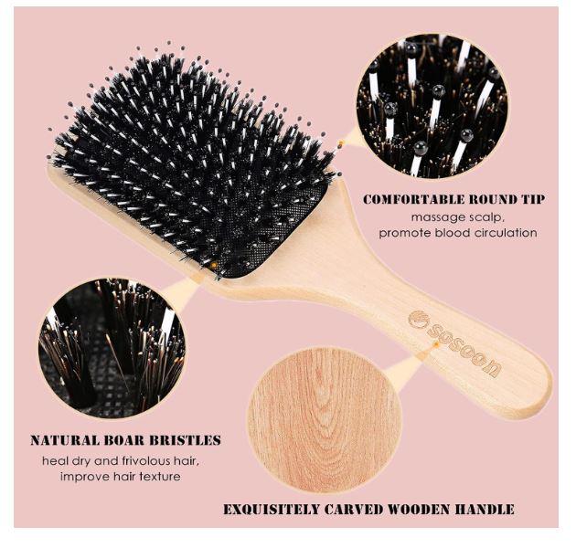 Sosoon Brosse à cheveux en poils de sanglier pour cheveux longs, courts, épais, fins, bouclés, raides, ondulés, secs - Pour hommes, femmes, enfants - Défait les nœuds - Boîte cadeau et peigne inclus