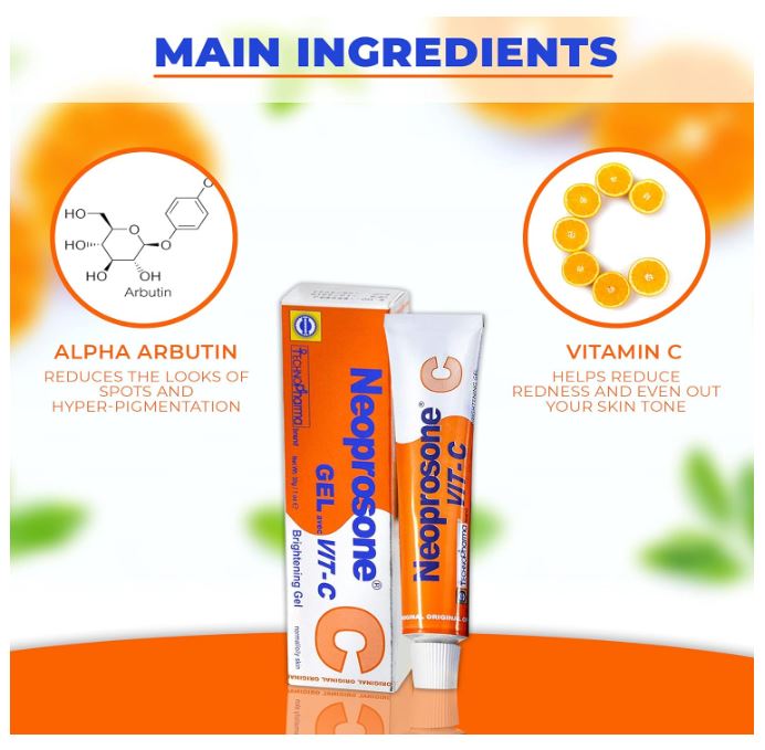 NEOPROSONE, Gel à la vitamine C - 1 Fl oz / 30 ml - Gel Crème Éclaircissant pour le Cou, le Visage, le Corps, les Aisselles, les Mains - Pour Femmes et Hommes, avec Alpha Arbutine