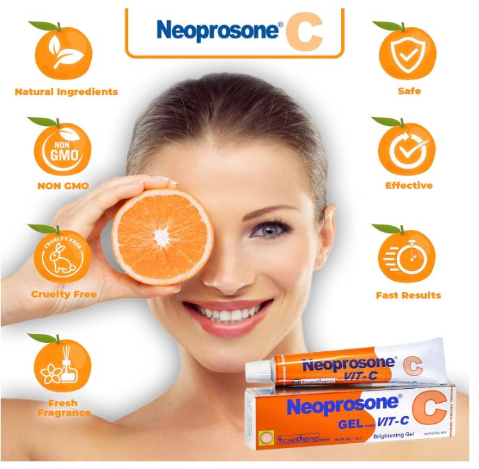 NEOPROSONE, Gel à la vitamine C - 1 Fl oz / 30 ml - Gel Crème Éclaircissant pour le Cou, le Visage, le Corps, les Aisselles, les Mains - Pour Femmes et Hommes, avec Alpha Arbutine