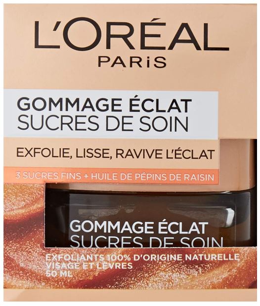 L'Oréal Paris - Soin Gommage Éclat pour Visage & Lèvres - Exfoliant & Lissant - Aux 3 Sucres Fins & Huile de Pépins de Raisin - Tous Types de Peaux - Sucres de Soin - 50 ml