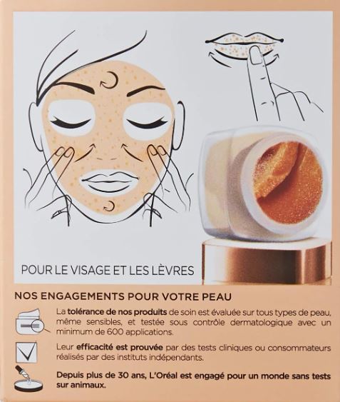 L'Oréal Paris - Soin Gommage Éclat pour Visage & Lèvres - Exfoliant & Lissant - Aux 3 Sucres Fins & Huile de Pépins de Raisin - Tous Types de Peaux - Sucres de Soin - 50 ml