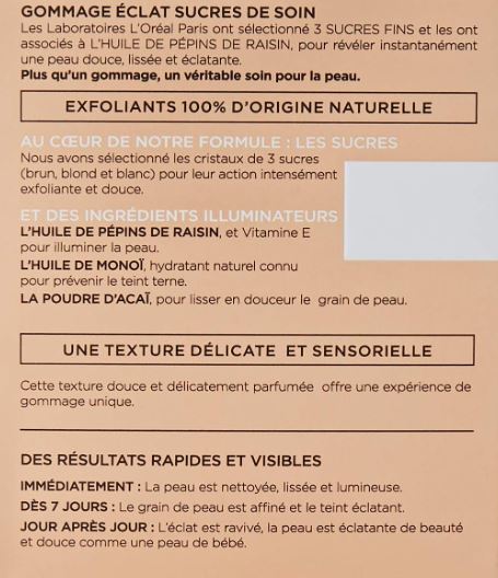 L'Oréal Paris - Soin Gommage Éclat pour Visage & Lèvres - Exfoliant & Lissant - Aux 3 Sucres Fins & Huile de Pépins de Raisin - Tous Types de Peaux - Sucres de Soin - 50 ml