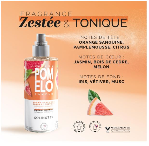 SOLINOTES Brume Parfumee Pomelo | Parfum Rafraichissant et Hydratant - Sans Alcool | Brume Parfumee Corps et Cheveux | 250 ml