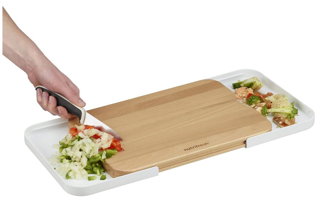 Nutrifresh Prep Planche à découper en bois de hêtre avec 2 plateaux coulissants 30,5 x 22,6 x 2,45 cm